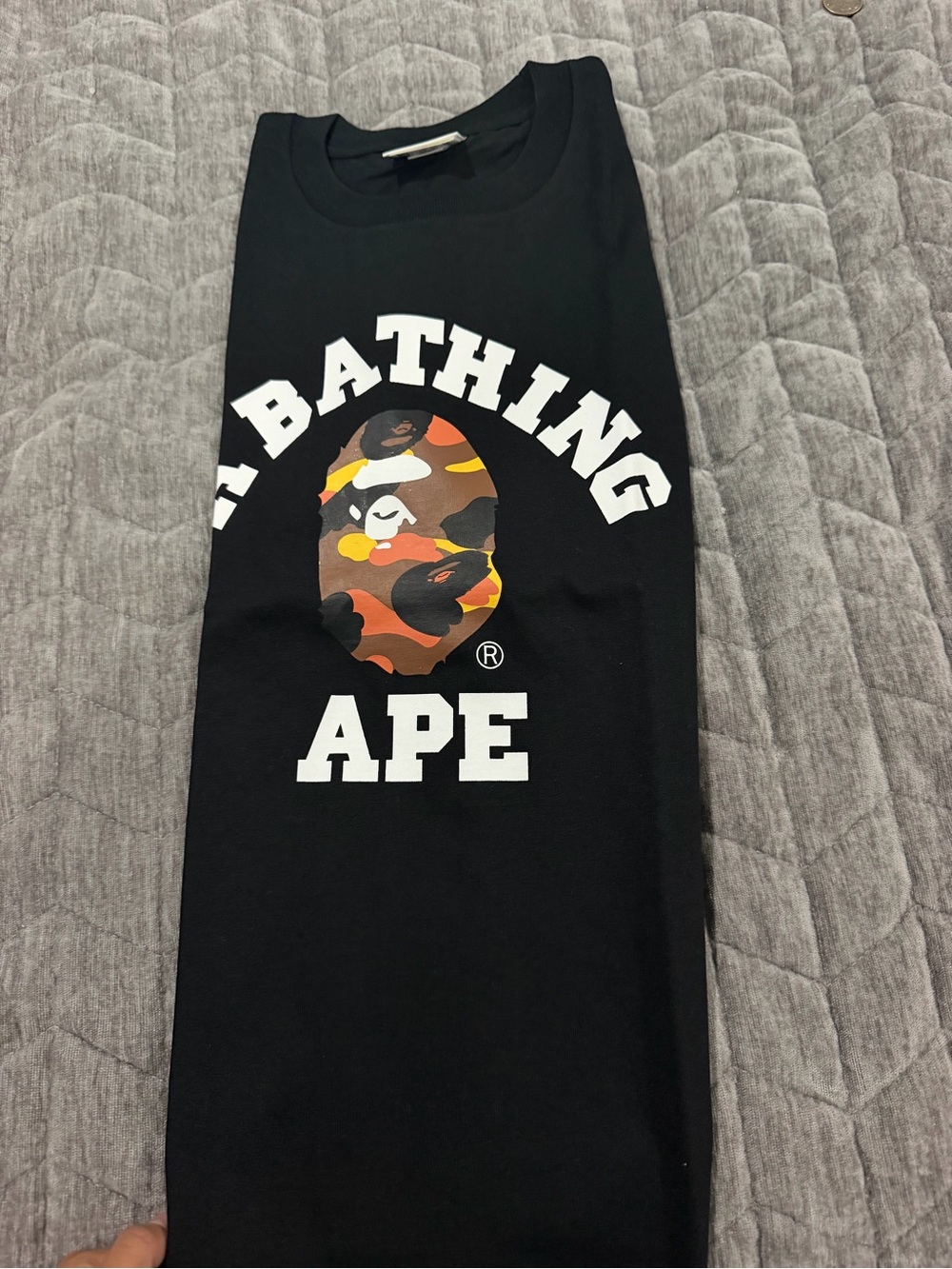 Bape Black Tee with Orange, Brown & Yellow Camo Ape Logo